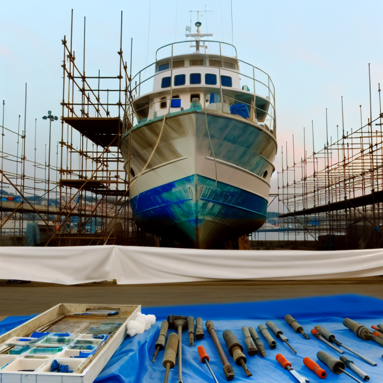 Un bateau en réparation avec des outils disposés à l'avant et des échafaudages en arrière-plan.